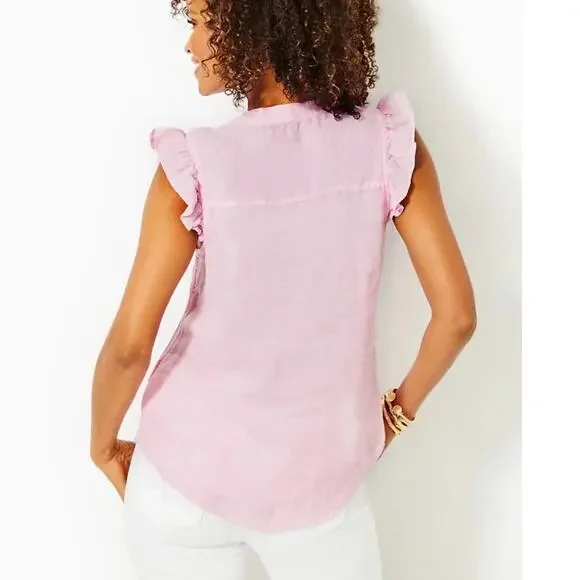 Lilly Pulitzer Sz S Briette Linen Button Down Shirt Pink Classic Vacation Resort - Picture 2 of 12